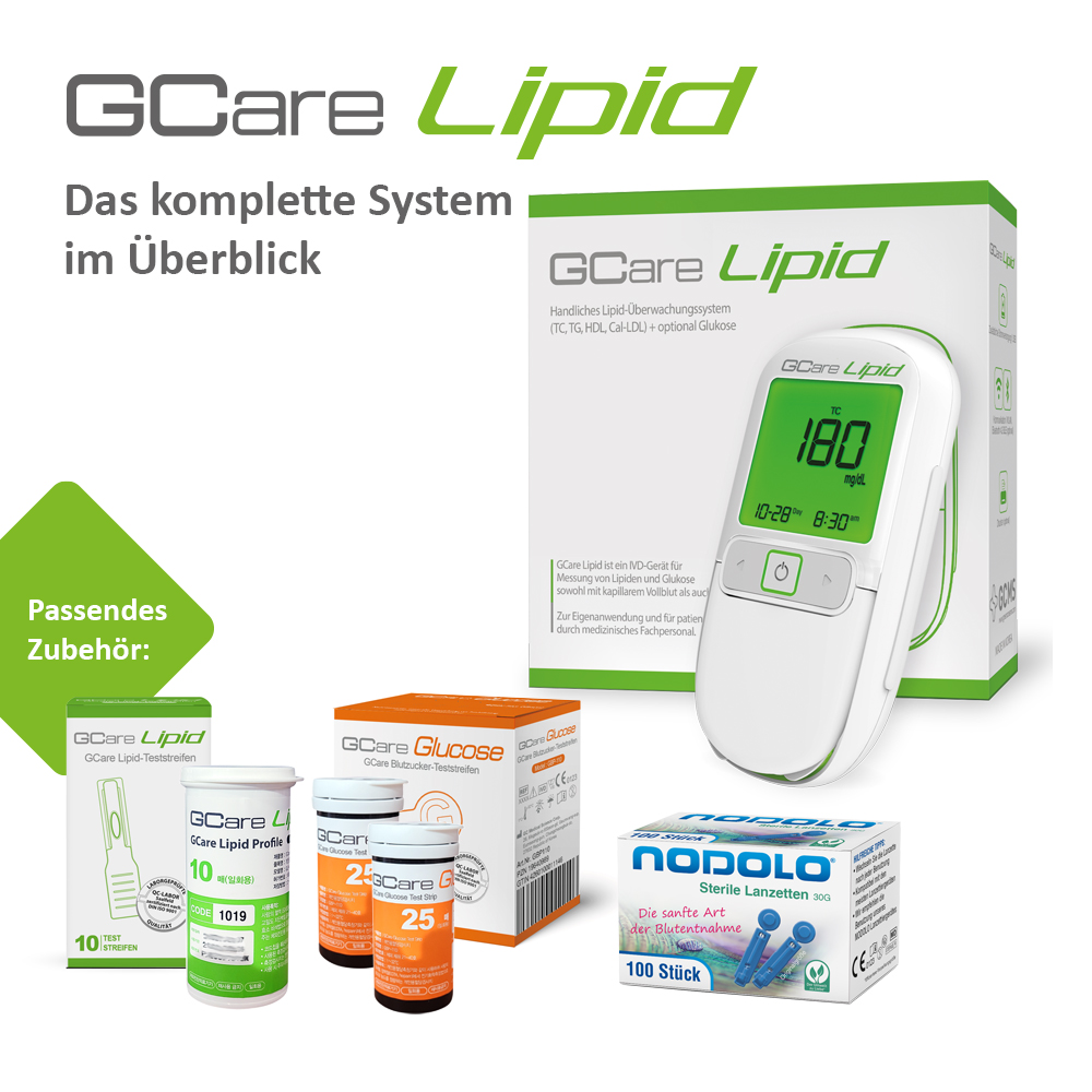 GCare Lipid Teststreifen 10 Stück+ 100 Lanzetten (TC, TG, HDL& kalk. LDL)