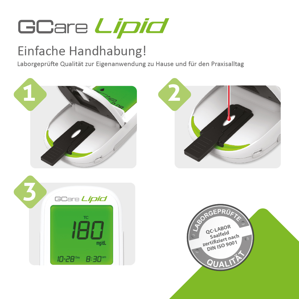 GCARE LIPID Cholesterin Messgerät 4 in1 - Kombiset, Mit 20 Teststeifen, 100 Lanzetten und hochwertiges Etui etc.