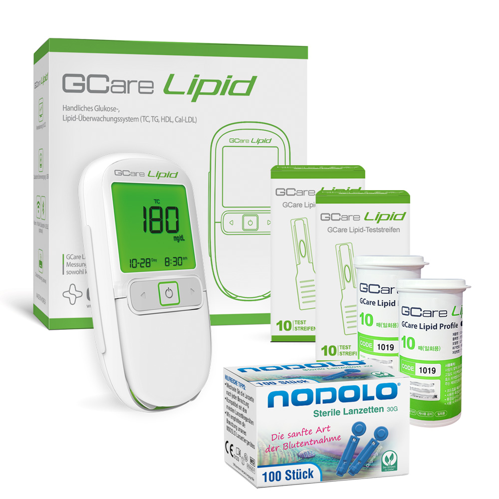 GCARE LIPID Cholesterin Messgerät 4 in1 - Kombiset, Mit 20 Teststeifen, 100 Lanzetten und hochwertiges Etui etc.
